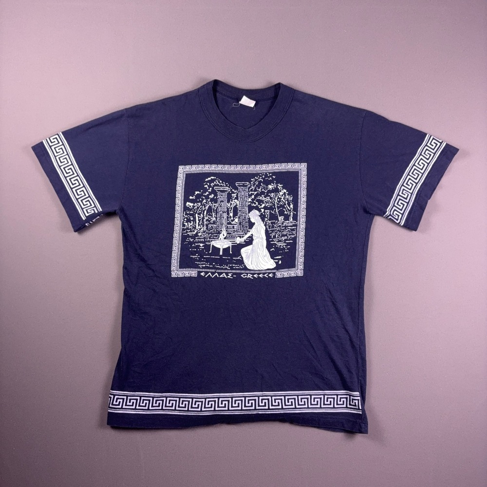 Vintage Greece Greek Mythology Goddess Graphic T-Shirt Navy Blue Cotton Medium